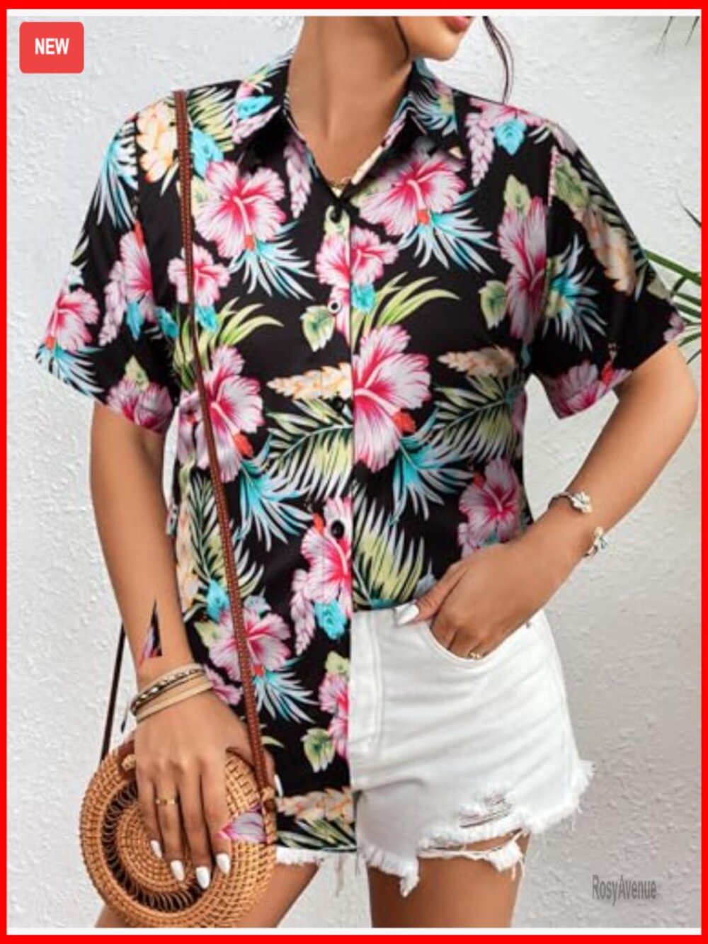 Women's Hawaiian Floral V-Neck Button Down T-Shirt Short Sleeve Summer Top - Picture 4 of 7